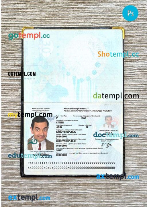 Kyrgyzstan passport editable PSD files, scan and photo look templates, 2 in 1