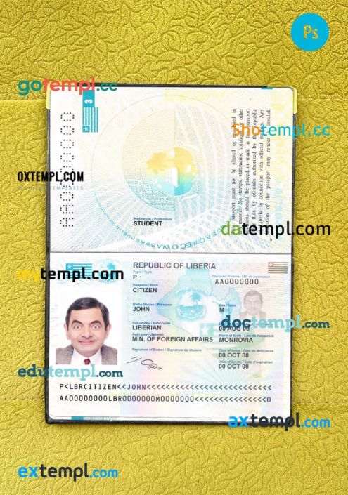 Liberia passport psd files, editable scan and snapshot sample, 2 in 1