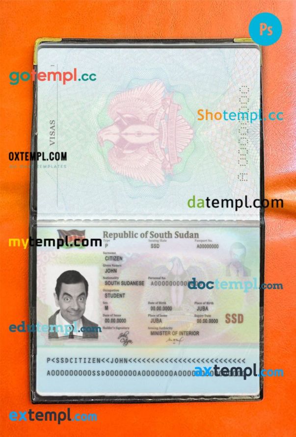 South Sudan passport editable PSD files, scan and photo-realistic look, 2 in 1