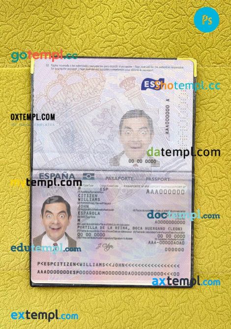 Spain passport editable PSD files, scan and photo look templates (2015-present), 2 in 1