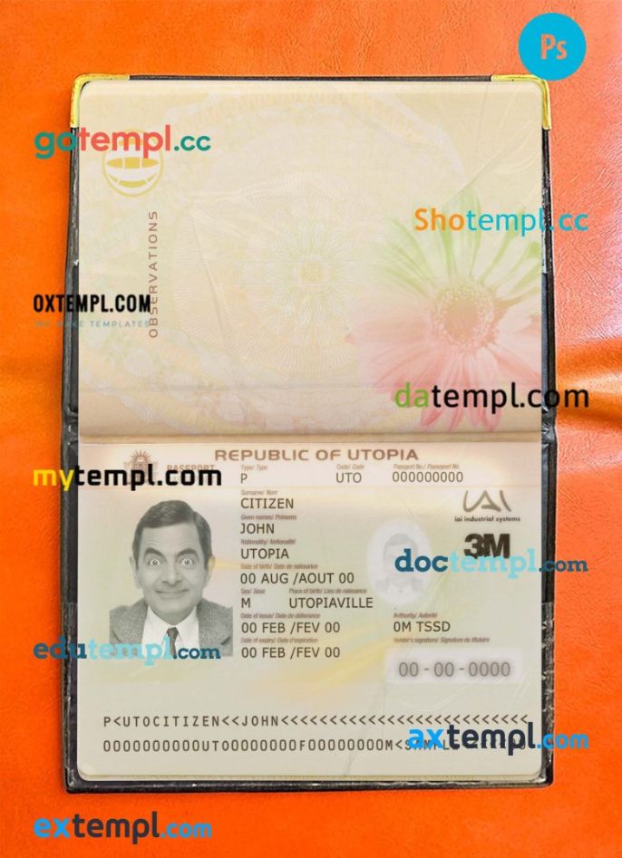 Utopia passport editable PSD files, scan and photo taken image, 2 in 1