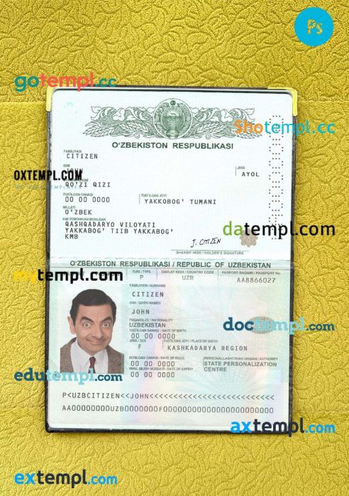 Uzbekistan passport psd files, editable scan and snapshot sample, 2 in 1