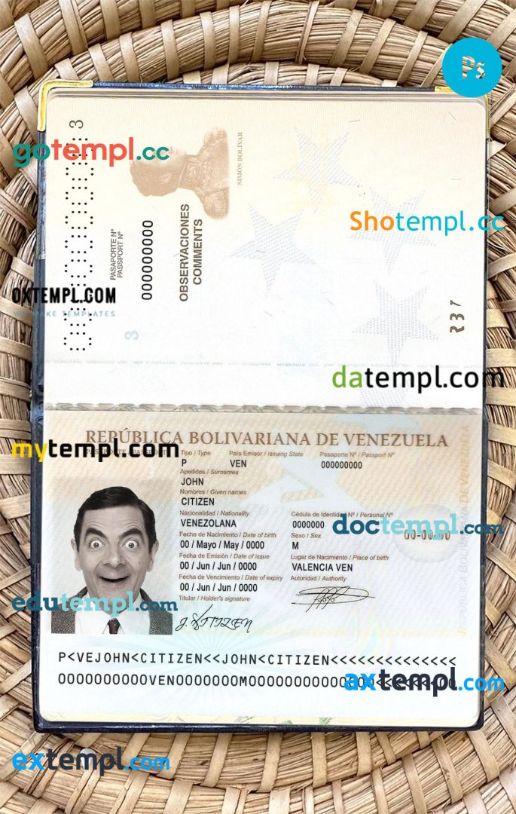 Venezuela passport PSD files, scan and photo look templates, 2 in 1