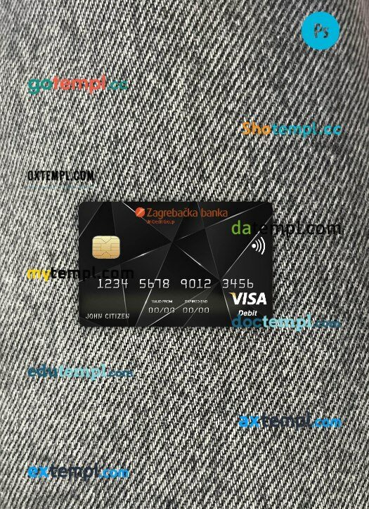 Croatia Zagrebacka bank visa card PSD scan and photo-realistic snapshot, 2 in 1
