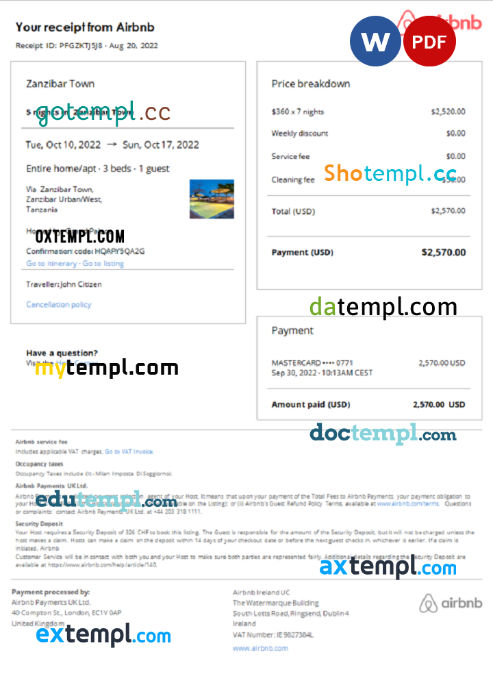 Tanzania Airbnb booking confirmation Word and PDF example