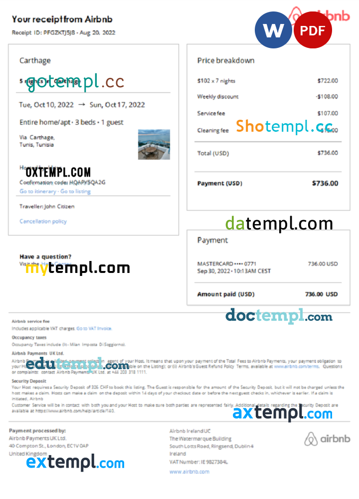 Tunisian Airbnb booking confirmation Word and PDF example