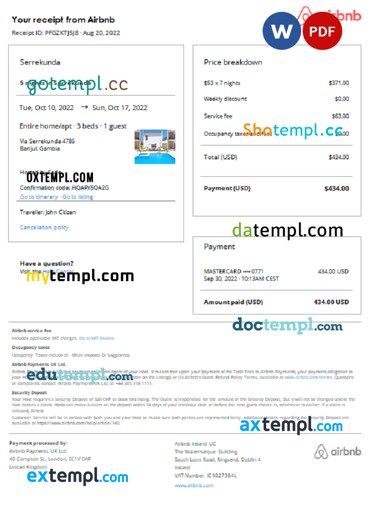 Gambia Airbnb booking confirmation Word and PDF example