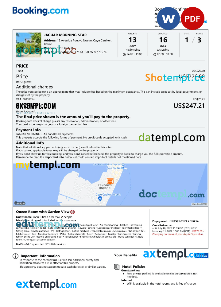 Belizean hotel booking confirmation Word and PDF example, 2 pages