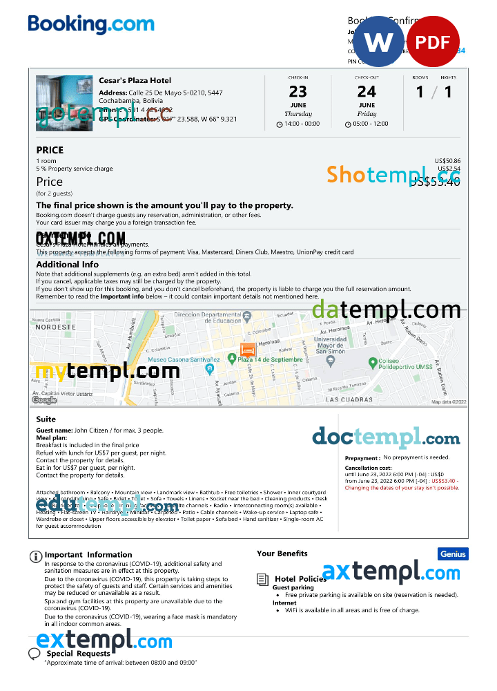 Bolivian hotel booking confirmation Word and PDF example, 2 pages