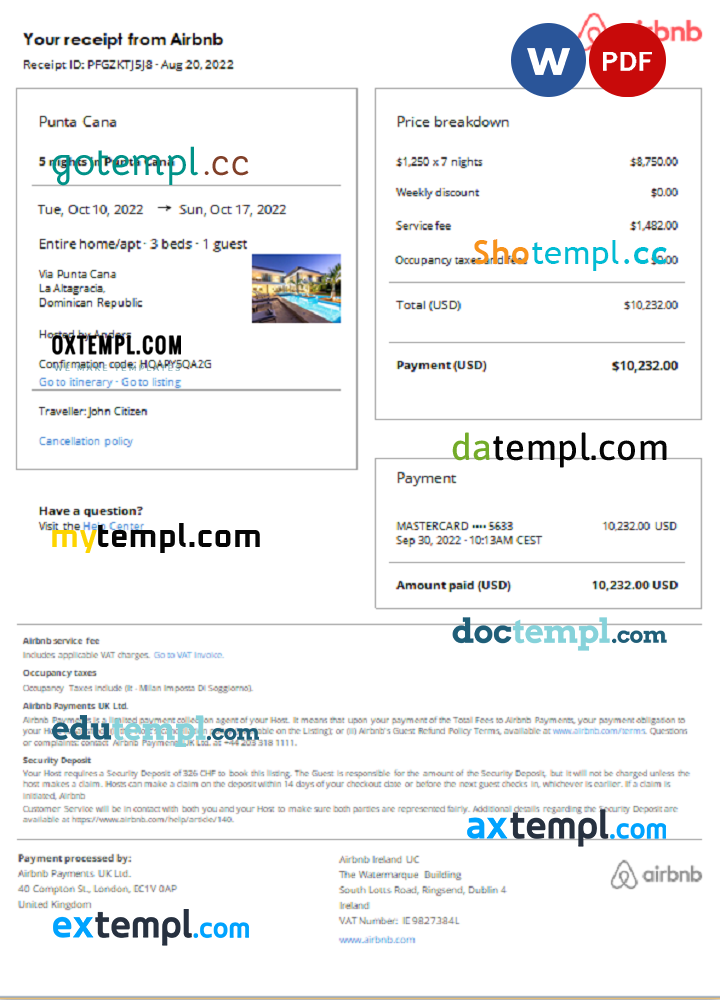 Dominicann Republic Airbnb booking confirmation Word and PDF example