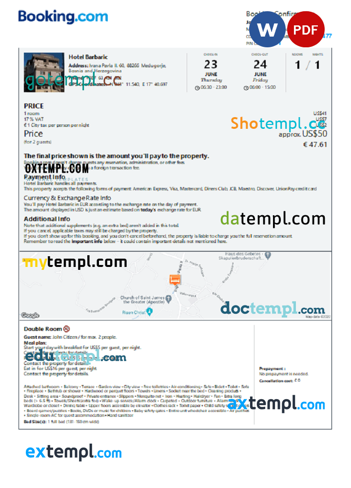 Bosnian hotel booking confirmation Word and PDF example, 2 pages
