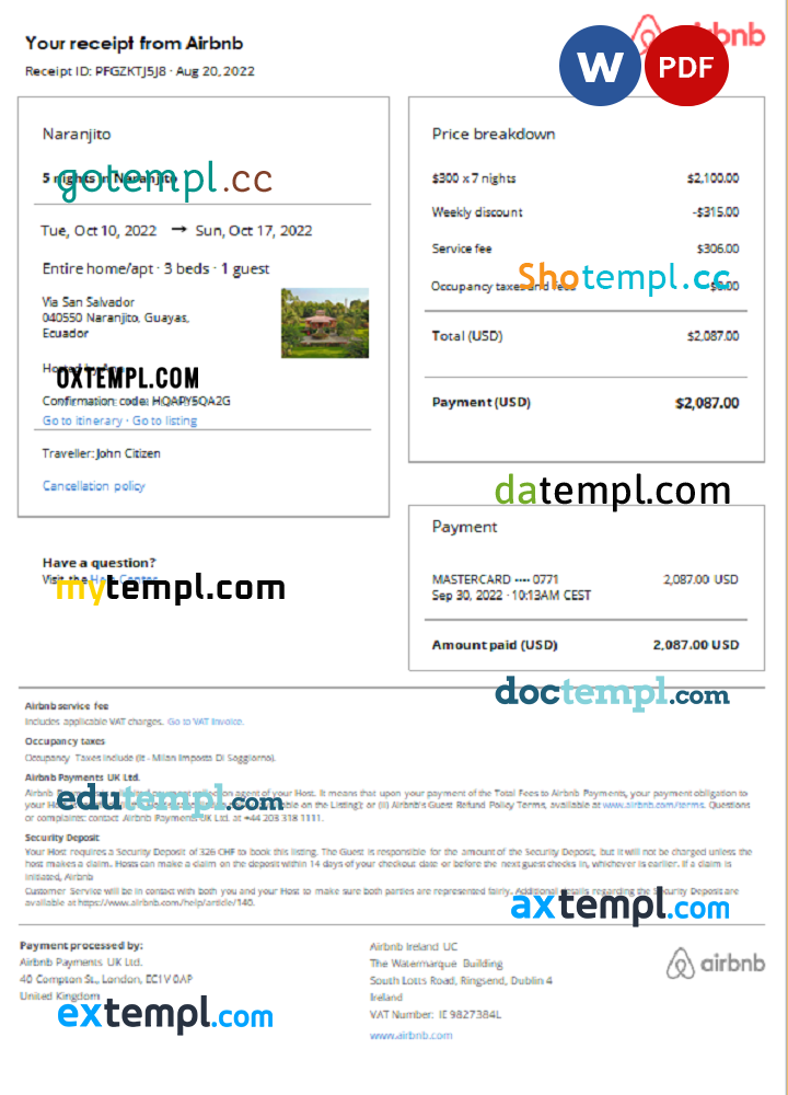 Ecuadorian Airbnb booking confirmation Word and PDF example