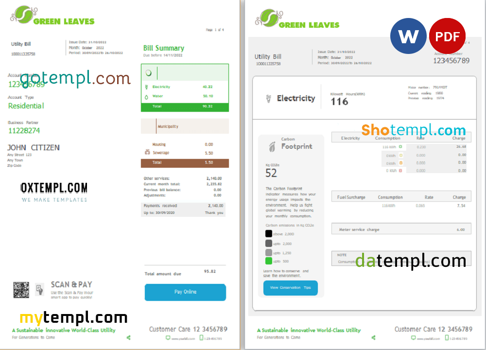 # green leaves universal multipurpose utility bill download, Word and PDF example, 4 pages