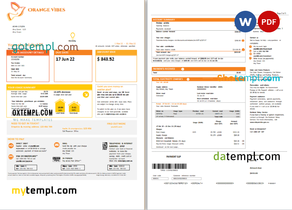 # orange vibes universal multipurpose utility bill download, Word and PDF example, 3 pages