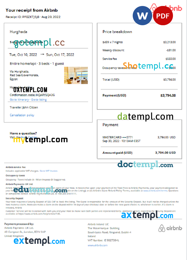 Egyptian Airbnb booking confirmation Word and PDF example