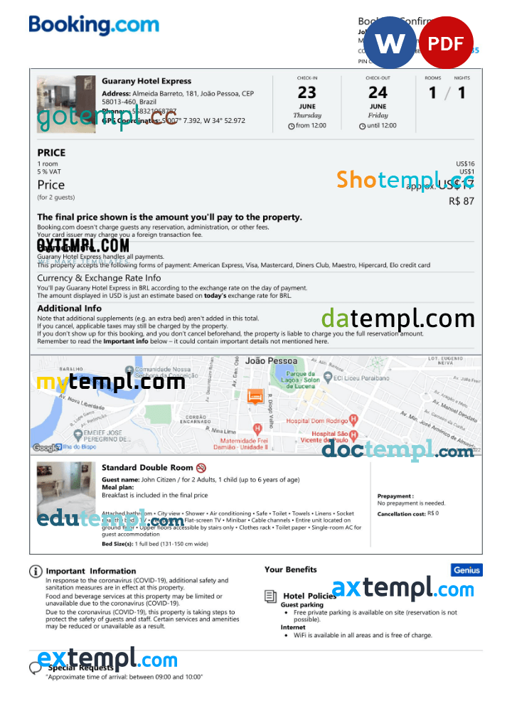 Brazilian hotel booking confirmation Word and PDF example, 2 pages