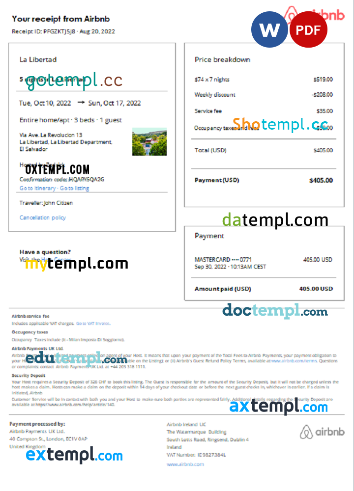 Salvadoran Airbnb reservation confirmation Word and PDF example