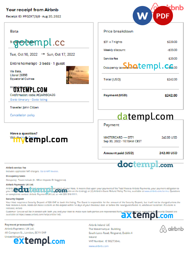 Equatorial Guineann booking Airbnb confirmation Word and PDF example