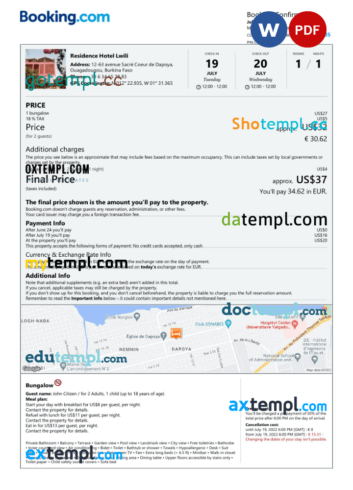 Burkinabé hotel booking confirmation Word and PDF example, 2 pages