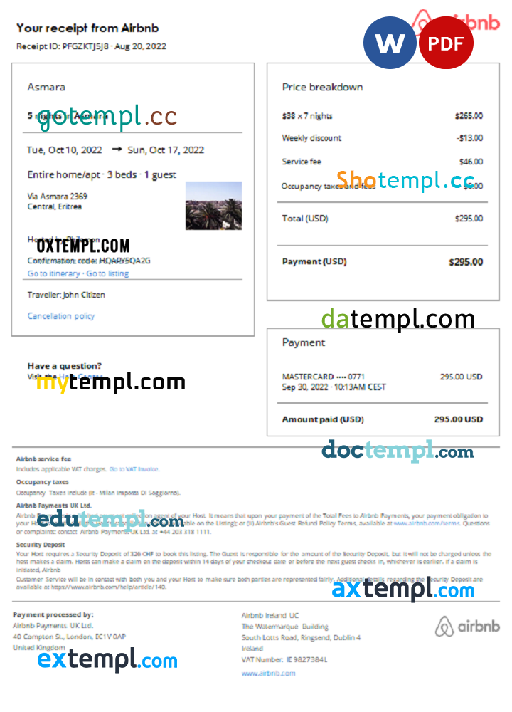 Eritrean Airbnb booking confirmation Word and PDF example