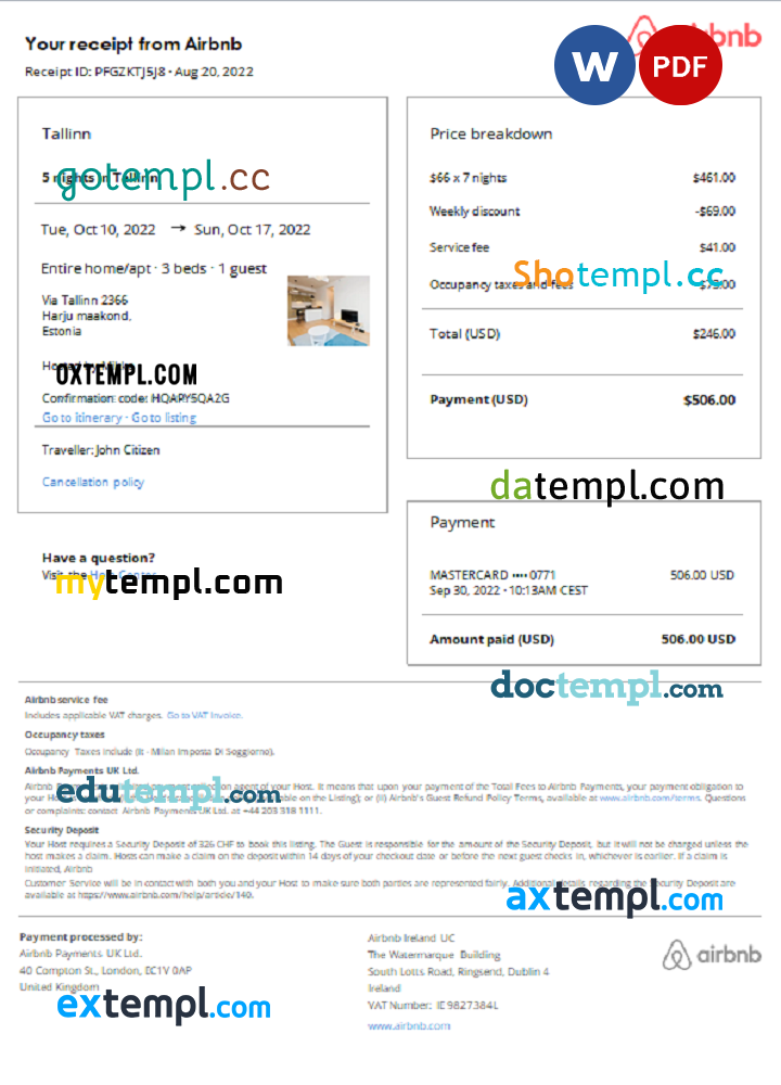 Estonian Airbnb booking confirmation Word and PDF example