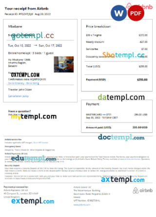 Eswatini (Swaziland) Airbnb reservation confirmation Word and PDF example