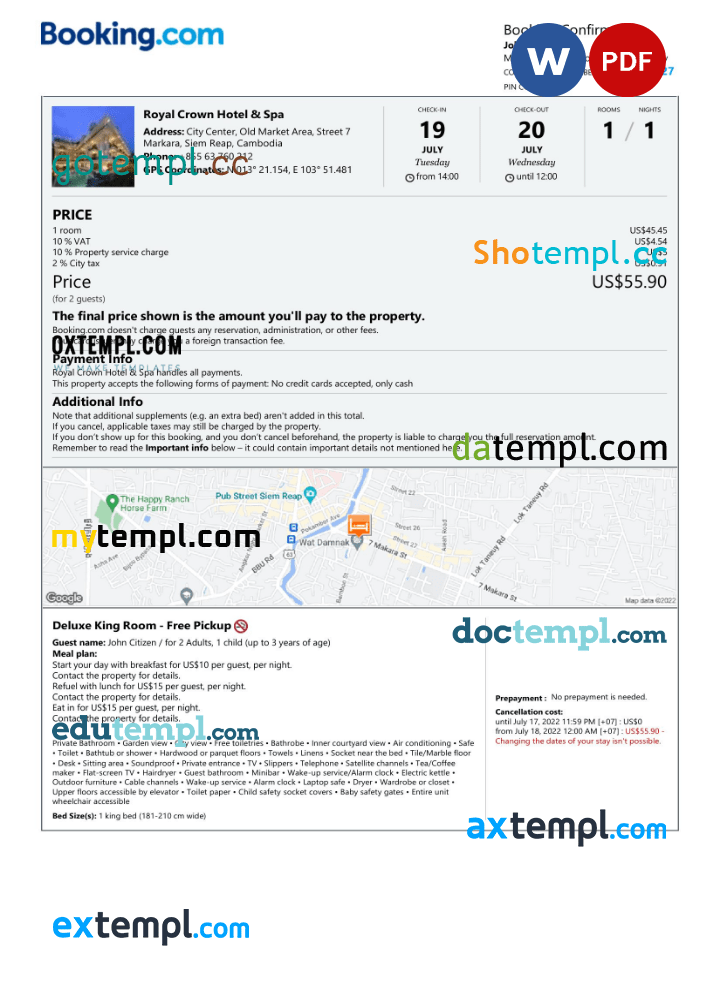 Cambodian hotel booking confirmation Word and PDF example, 2 pages