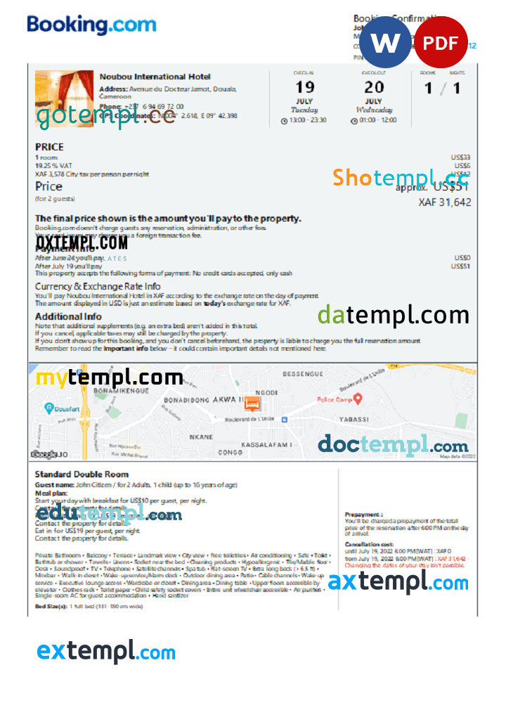 Cameroonian hotel booking confirmation Word and PDF example, 2 pages