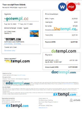 Fijian Airbnb booking confirmation Word and PDF example