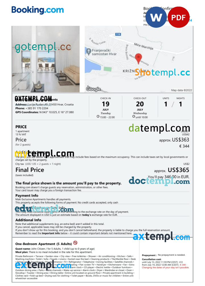 Croatian hotel booking confirmation Word and PDF example, 2 pages