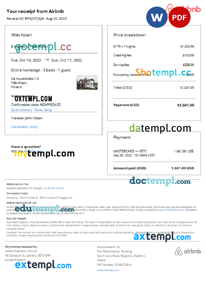 Finnish Airbnb booking confirmation Word and PDF example