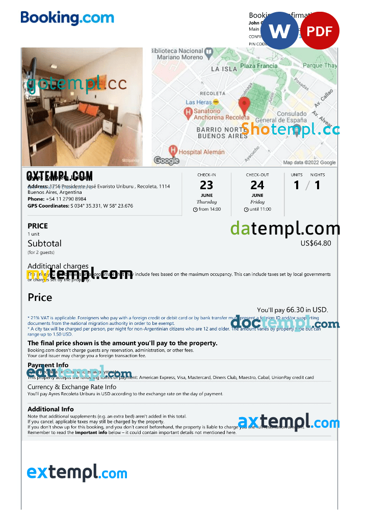 Argentinian hotel booking confirmation Word and PDF example, 2 pages