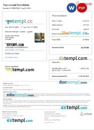 Grenadian Airbnb booking confirmation Word and PDF example