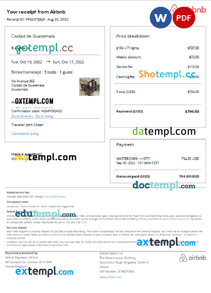 Guatemalan Airbnb booking confirmation Word and PDF example