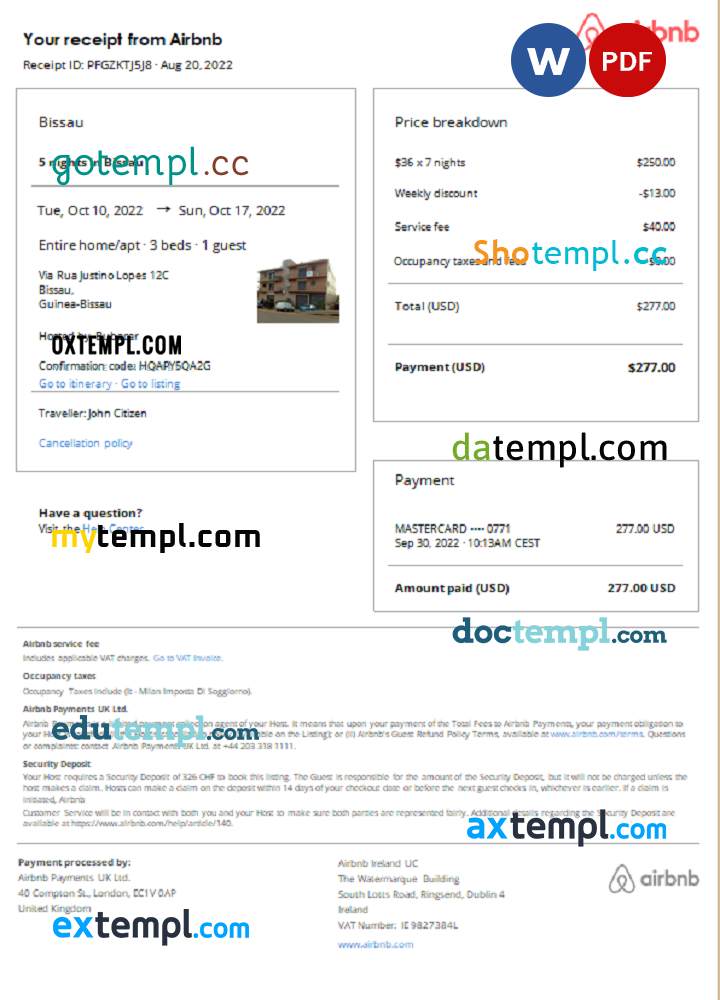 Guinean-Bissau Airbnb booking confirmation Word and PDF example