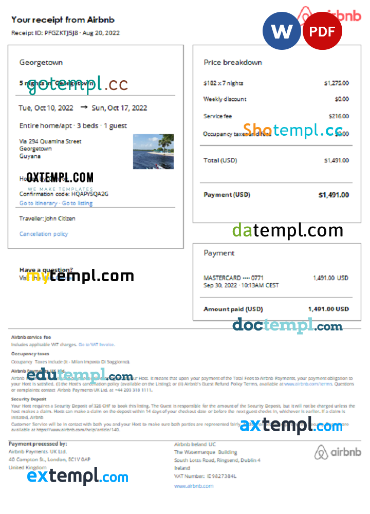 Guyanese Airbnb booking confirmation Word and PDF example