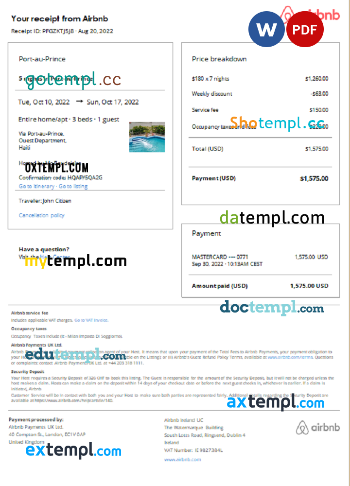 Haitian Airbnb booking confirmation Word and PDF example