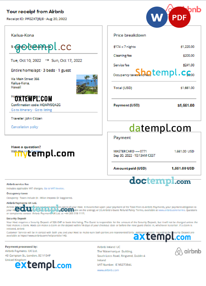 Hawaii Airbnb booking confirmation Word and PDF example