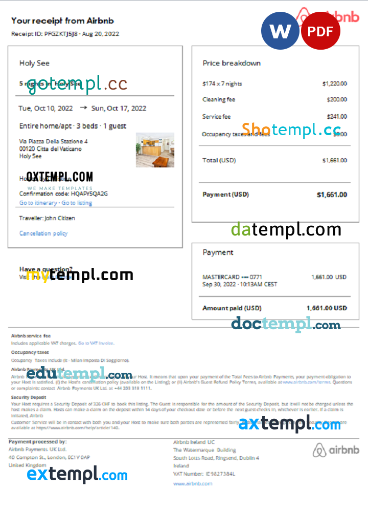 Holy See Airbnb booking confirmation Word and PDF example