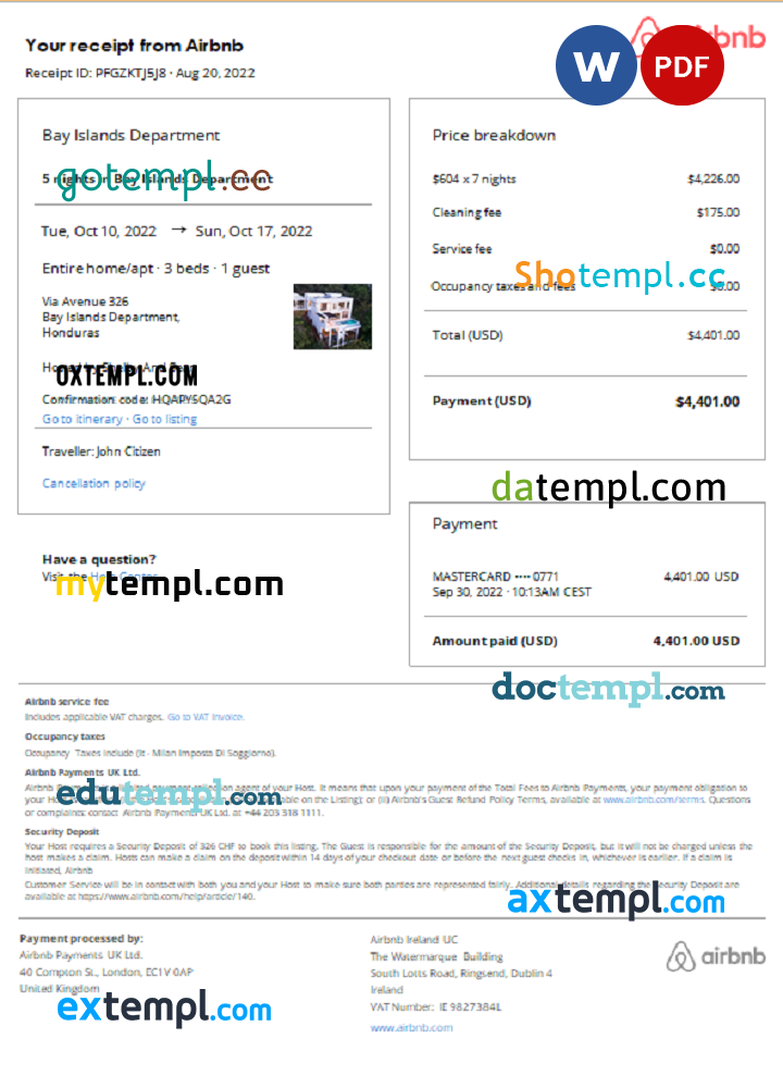 Honduran Airbnb booking confirmation Word and PDF example