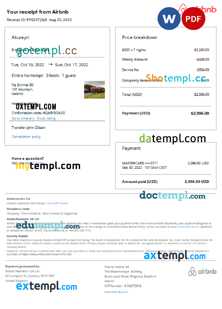 Icelandic Airbnb booking confirmation Word and PDF example