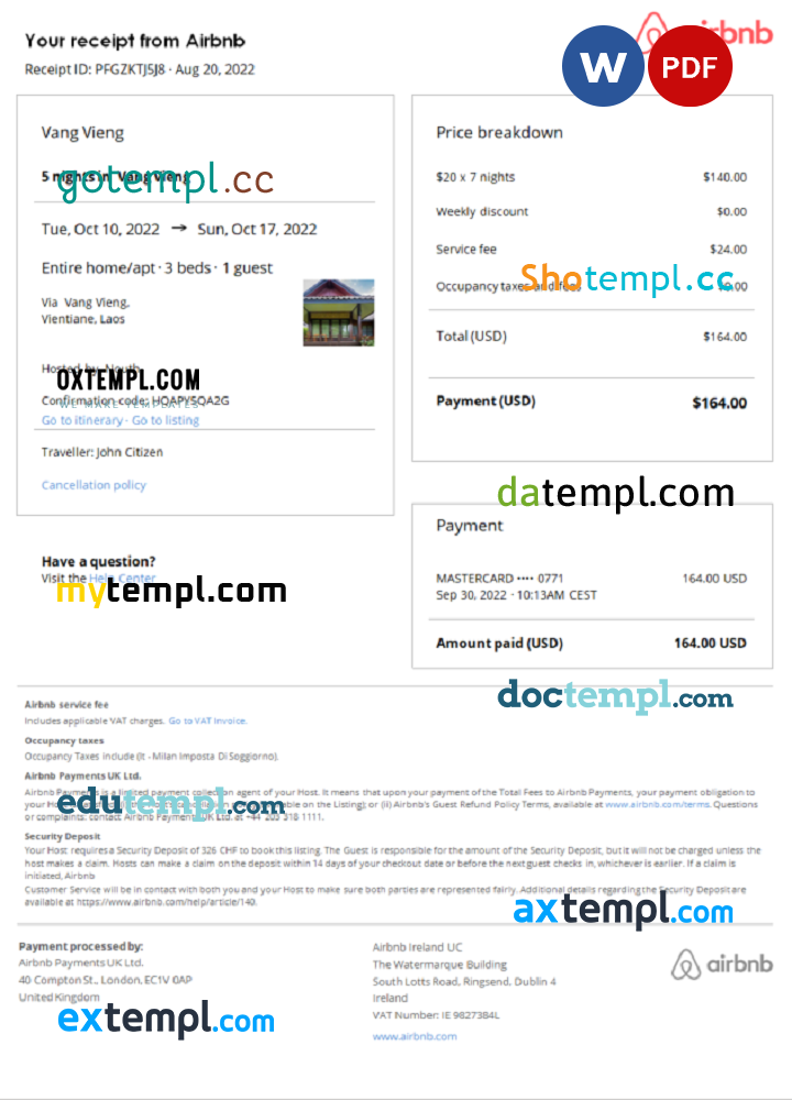 Laos Airbnb booking confirmation Word and PDF example