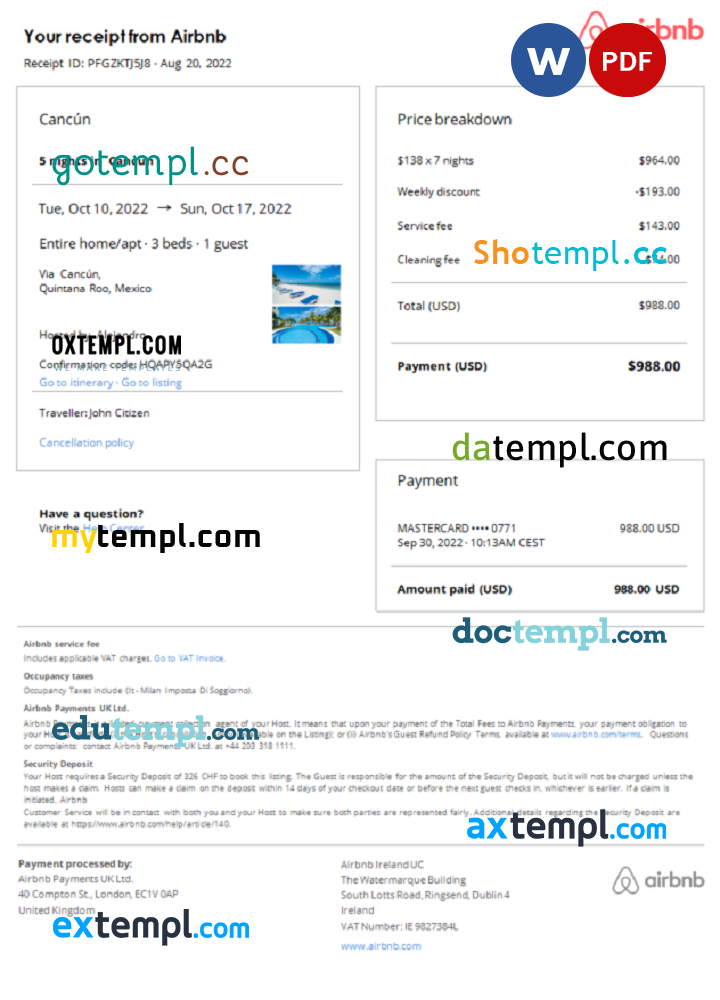 Mexican Airbnb booking confirmation Word and PDF example