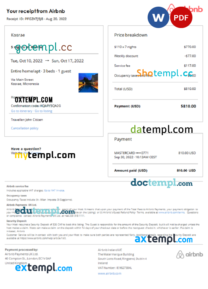Micronesian Airbnb booking confirmation Word and PDF example