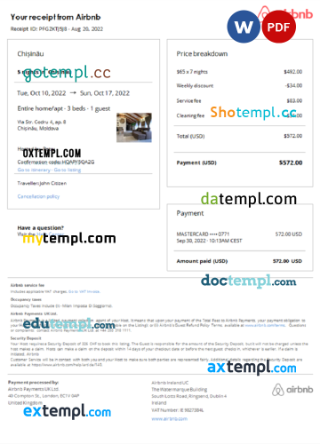 Moldovan Airbnb booking confirmation Word and PDF example