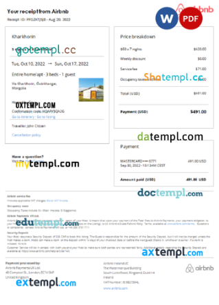 Mongolian Airbnb booking confirmation Word and PDF example