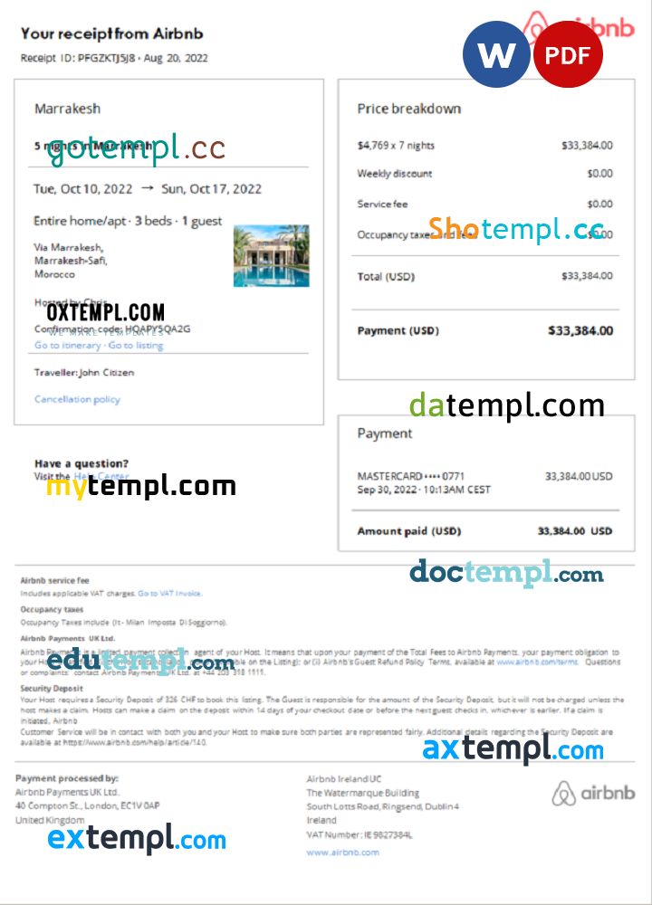 Moroccan Airbnb booking confirmation Word and PDF example