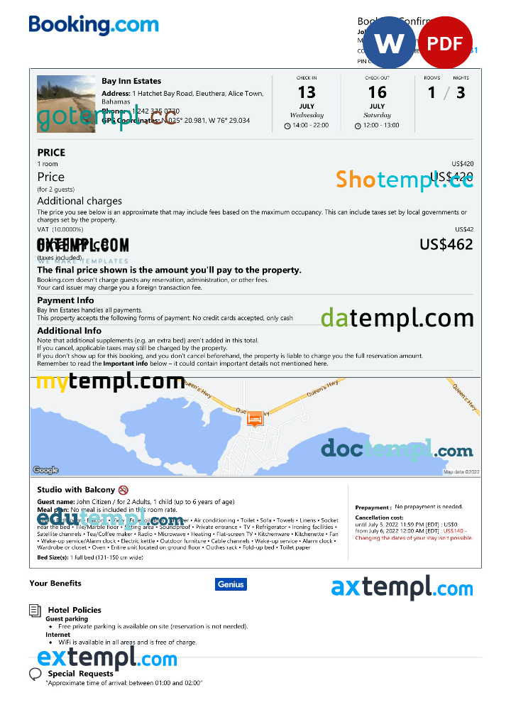 Bahamas hotel booking confirmation Word and PDF example, 2 pages