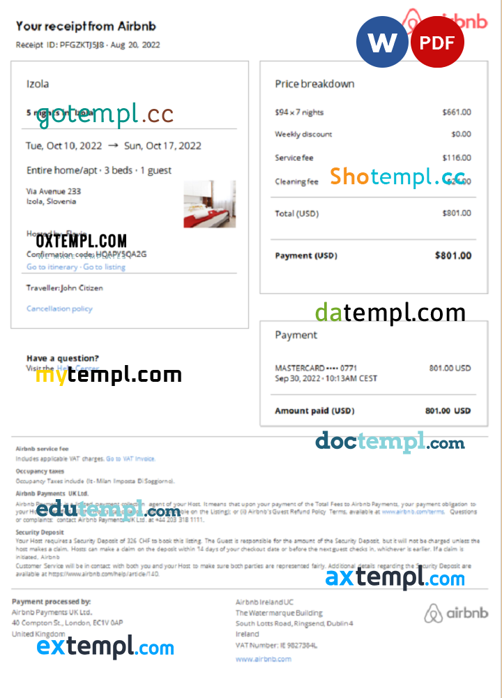 Slovenian Airbnb booking confirmation Word and PDF example