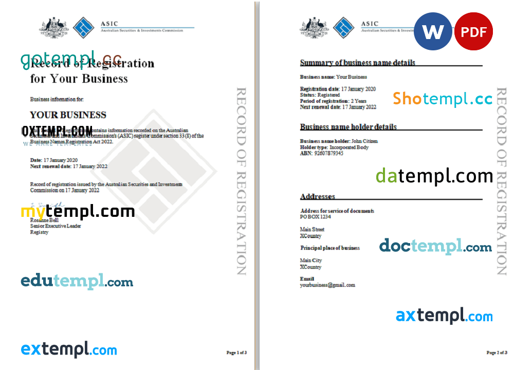 Australiann Securities and Investments Commission's (ASIC) Record of Business Registration Word and PDF example, 3 pages